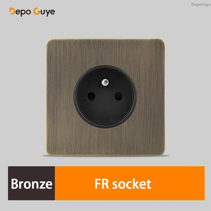 Retro EU French Standard Metal Double USB Wall Power Socket,Brushed Stainless Steel Antique Outlet with Type-c Usb Charing Port