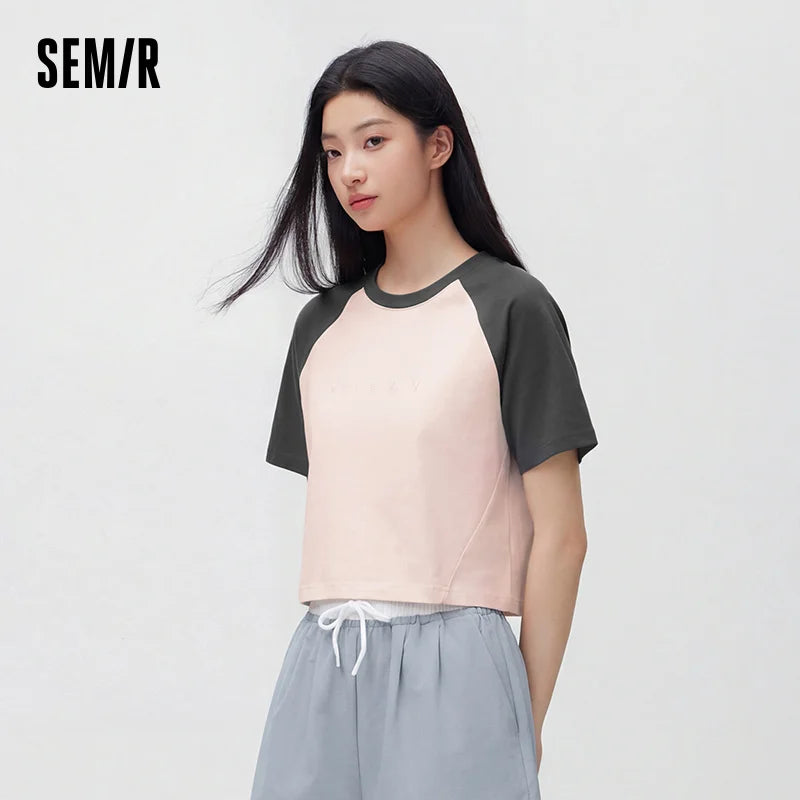 Semir Womens Tshirt 2026 Solid Color Crew Neck Cool Feeling Raglan Sleeve Color Block Slim Fit Casual