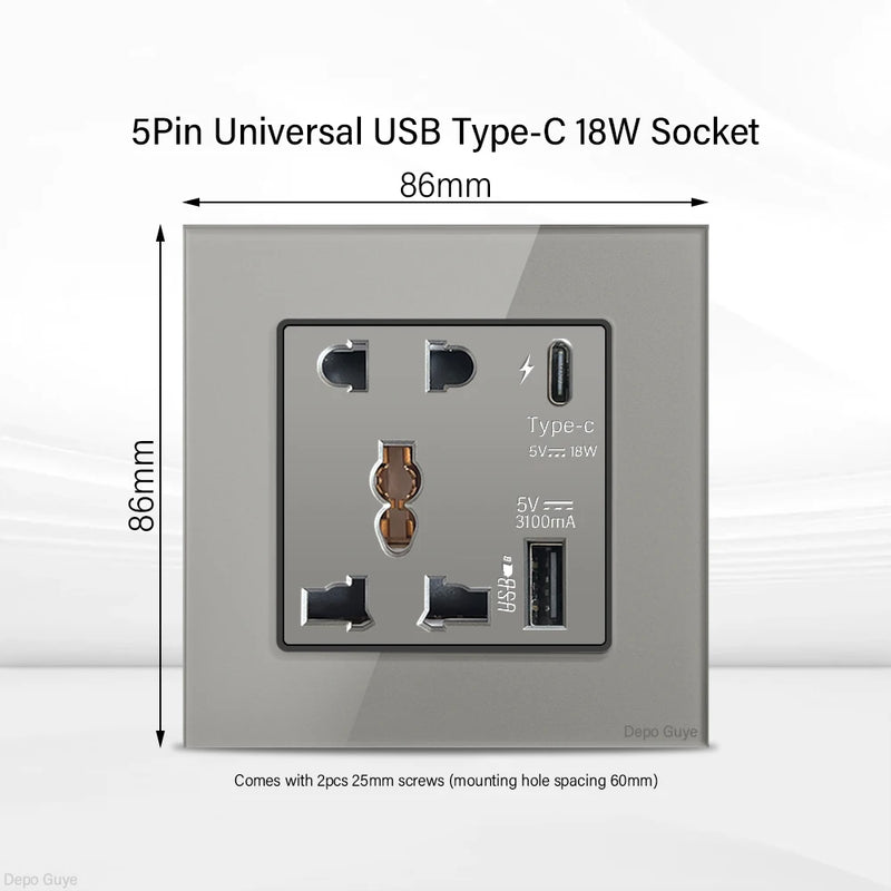 Grey UK 13A Tempered Glass USB Type C 18W Quick Charge Socket,Dual Universal Power Outlet,Home Light Electric Switch Panel