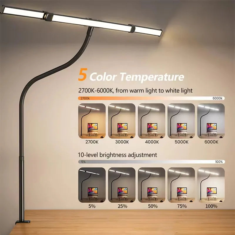 LED Desk Lamp for Home Office Eye-Caring Computer Desk Light with Clamp Gooseneck Rotatable Color Changing Dimmable Table Light