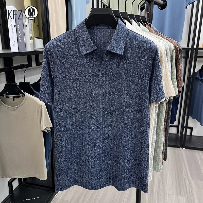 Men's Knitted Polo T Shirt Short Sleeve Ribbed Striped Design Breathable Fabric Lightweight Casual Business Summer Top