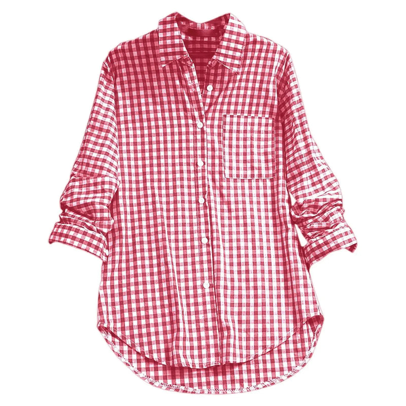 2027 New Women's Long-Sleeve Checkered Shirt, Available in Black, Gray, Blue, Red, and Pink.