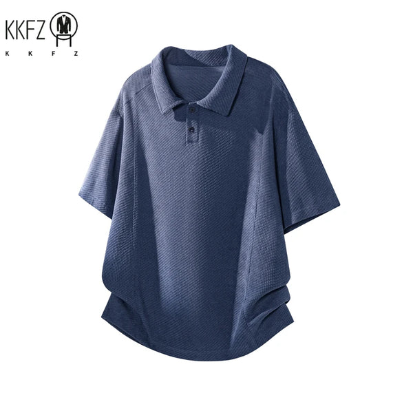 Mens Honeycomb Textured Polo Top Short Sleeve Lapel Neck Button Detail Loose Fit For Outdoor Leisure And Travel Outfit