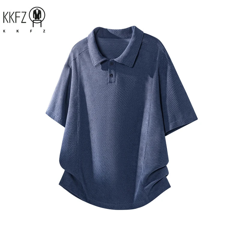 Mens Honeycomb Textured Polo Top Short Sleeve Lapel Neck Button Detail Loose Fit For Outdoor Leisure And Travel Outfit
