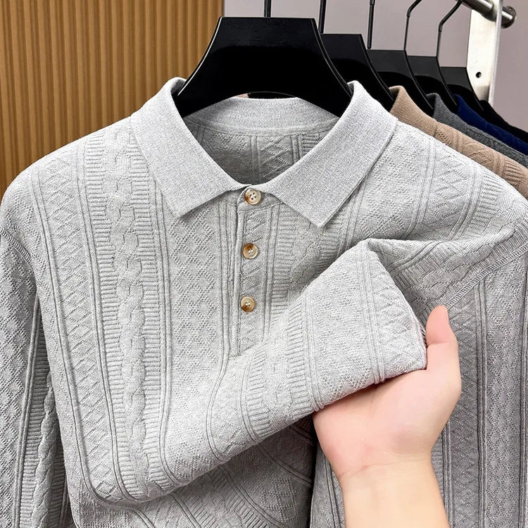 Men's Long Sleeve Waffle Knit Polo Shirt – 100% Cotton, Slim Fit, Business Casual Top for Autumn Winter