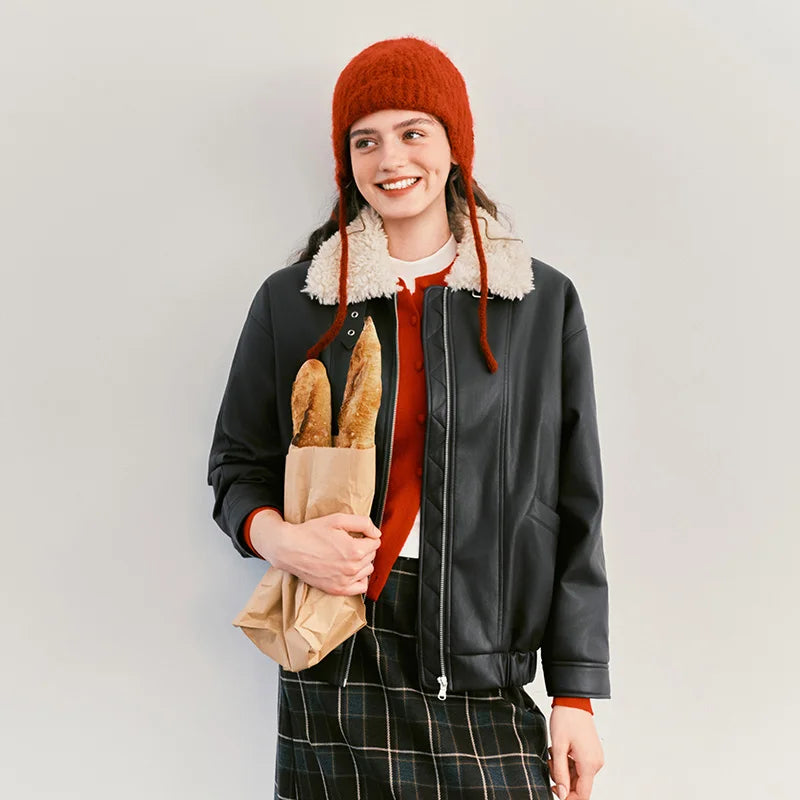 Semir Women Jacket PU Faux Leather Faux Shearling Panelled Design Turn Down Collar Oversized Fit Urban Casual Style 2026 Winter