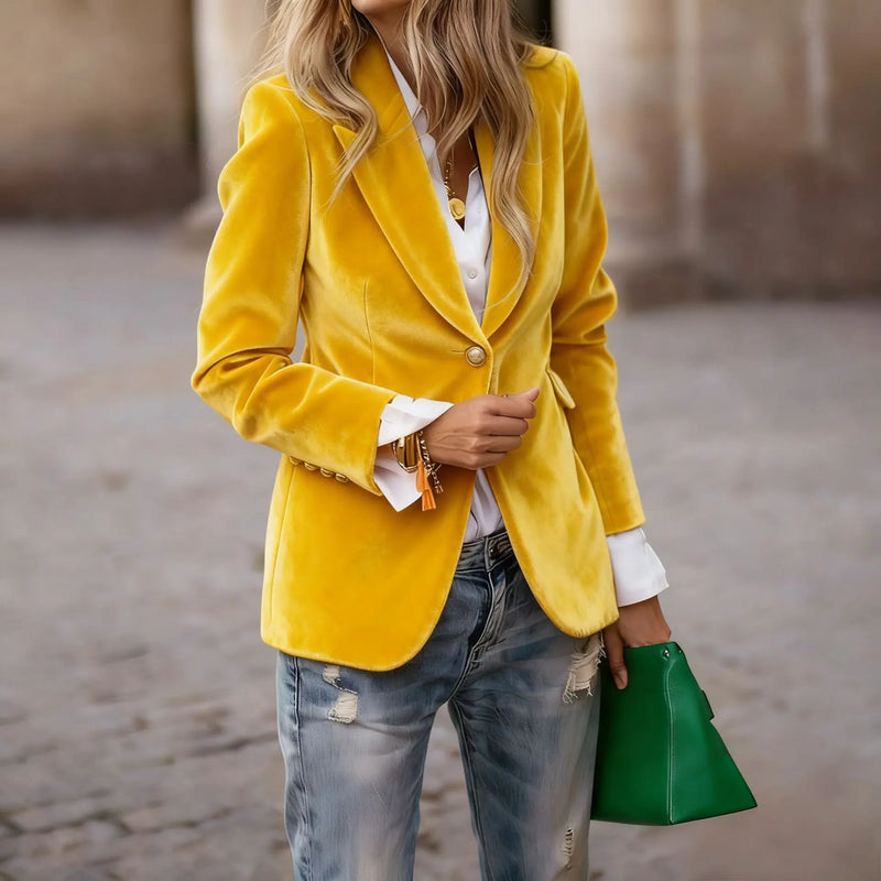 Elegant Women's Long-sleeve Blazer, A V-neck Jacket Made of Corduroy. Available in Black,Purple,Brown,Yellow,Red,Blue,Green,Gray