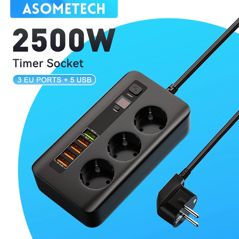 រន្ធដោតភ្លើងឆ្លាតវៃ 2500W រន្ធដោតបន្ថែមជាមួយកុងតាក់ ឧបករណ៍ការពារការកើនឡើងនៃចរន្តអគ្គិសនី ឌុយ EU រន្ធដោត AC 3 រន្ធ USB 5 ប្រវែង 2 ម៉ែត្រ