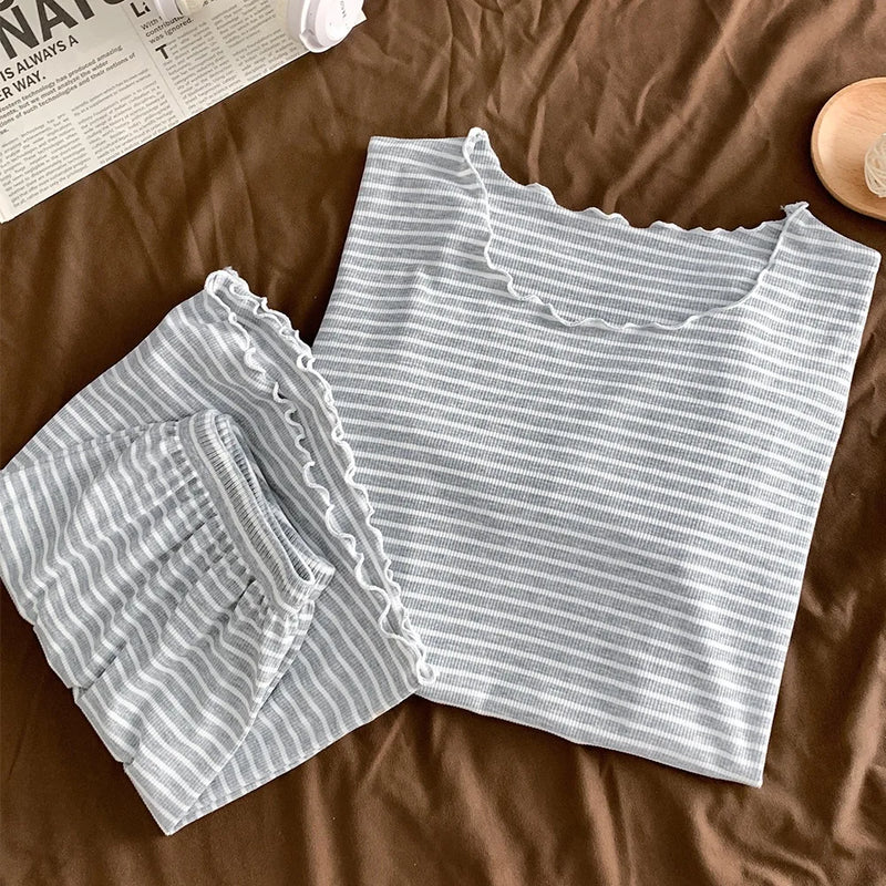 Striped Pyjamas Summer Short Sleeve Pajamas Set Soft Pijama Suit 2 Piece Set Sleepwear Women Night Clothes Night Wear Female