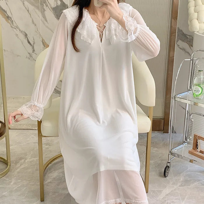 Court Princess Nightgowns Modal Spring Autumn Medium Long Pajamas Dress Lace Mesh Loungewear Nightdress Women Sleepwear