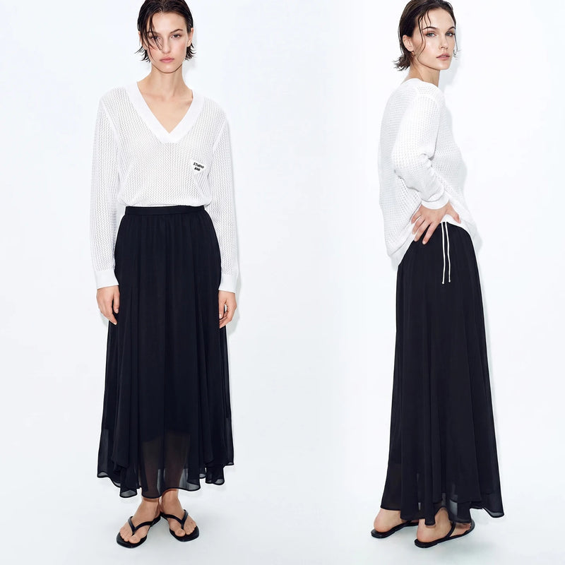 Amii Women's Chiffon Skirt 2026 Summer New Asymmetric Hem Romantic Flowy Casual Elastic Waist Long Skirt For Women 12652049