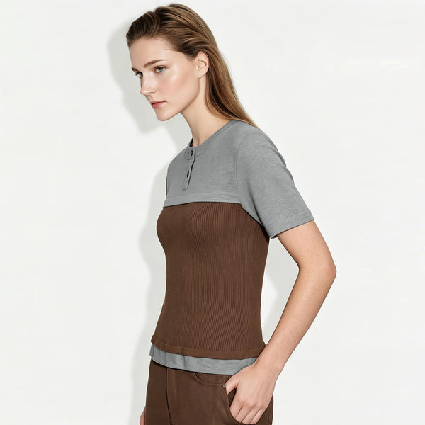 Amii Women's Knit Top 2026 Summer New Color Block Round Neck Short Sleeve Sweater Slim Office Casual Pullover For Women 12642156