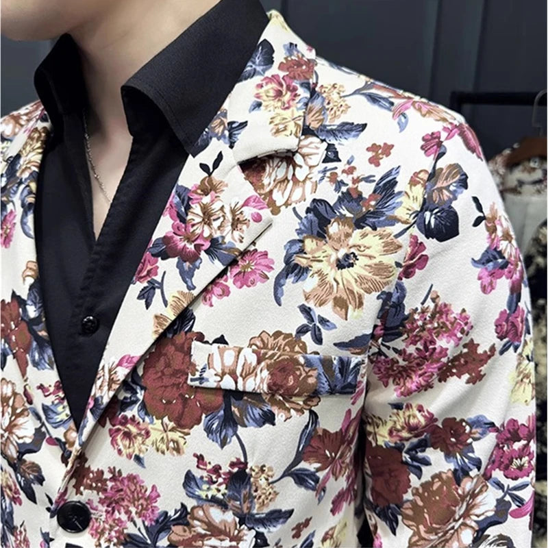 2026 New Men's Blue Printed 2-Piece Suit, Red Single Button V-Collar Cotton Jacket with Trousers.