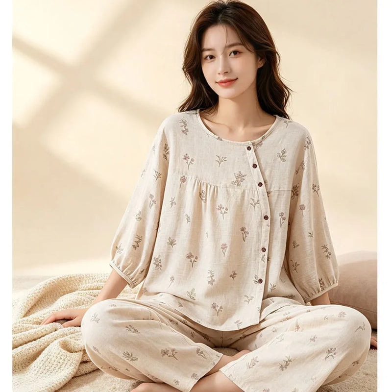 New 2 Pieces Set for Women Pajama Autumn Sleepwear Cotton Floral Pyjama Set Home Wear Women's Loungewear Mujer Pijama Nightwear