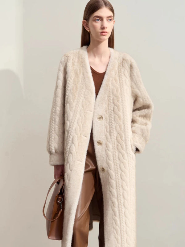 AMII Minimalist Fur Coats Woman 2026 Winter New Warm V-neck Pocket Women's Clothing Elegant Female Long Fur Outerwear 12424023