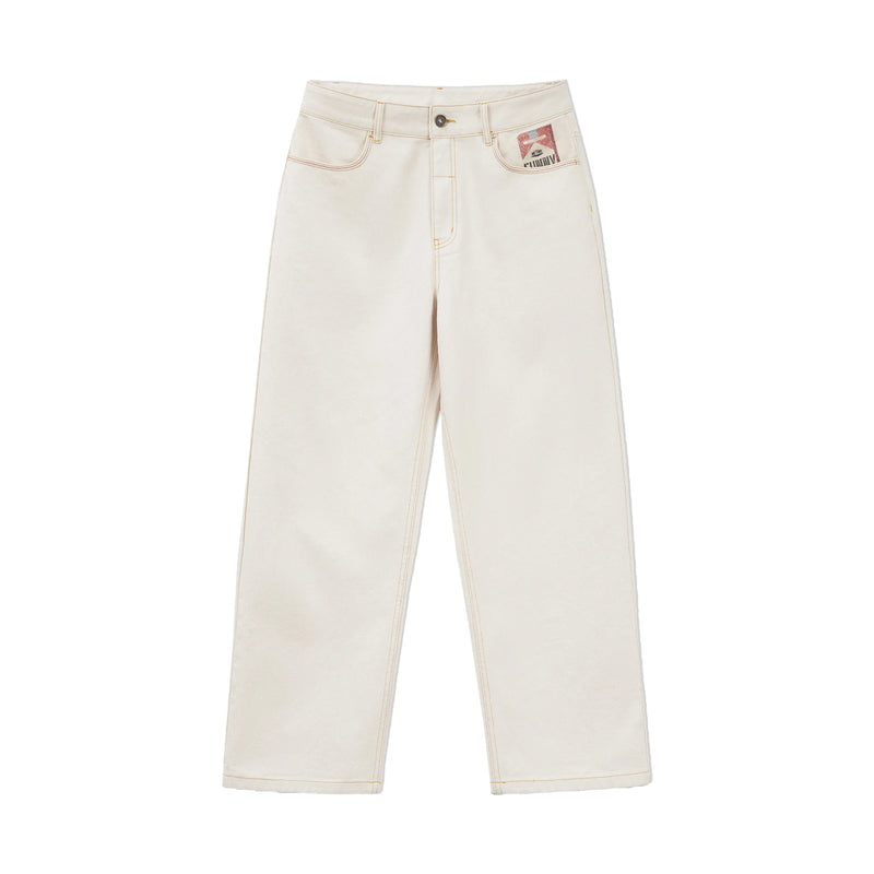 Maden Men's Vintage Heavyweight Washed White Jeans Straight 100% Cotton CleanFit Casual Pants with Zip Fly for Spring and Autumn
