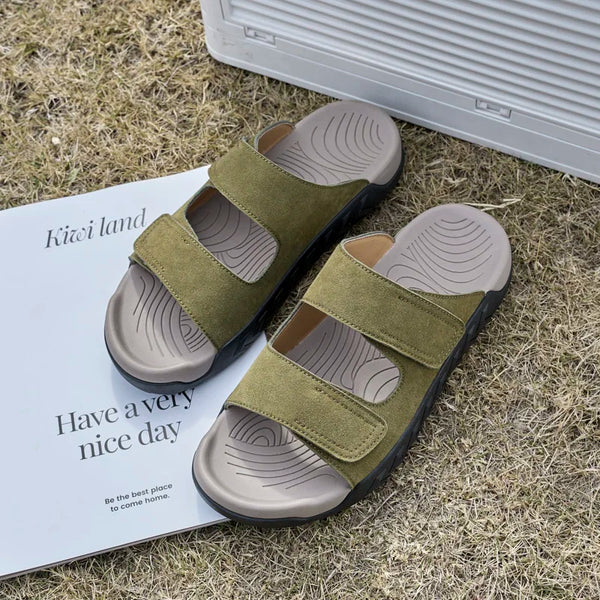 Men's Suede Slide Sandals with Adjustable Straps Comfort Footbed Non-slip Casual Slippers for Summer Indoor Outdoor Beach