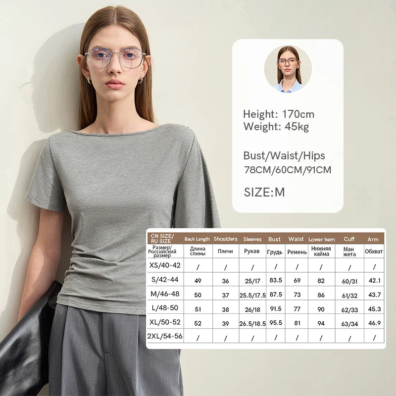 Amii Women's Tee 2026 Summer New Off Shoulder Elastic Shirred Stretch Cotton Tops Slim Asymmetric Short Sleeve T-Shirt 12622225