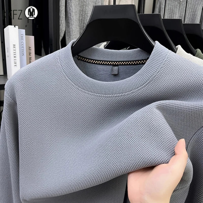 Men Thick Fleece Lined Waffle Knit Pullover Long Sleeve Crew Collar Relax Fit Warm Daily Office Wear Top