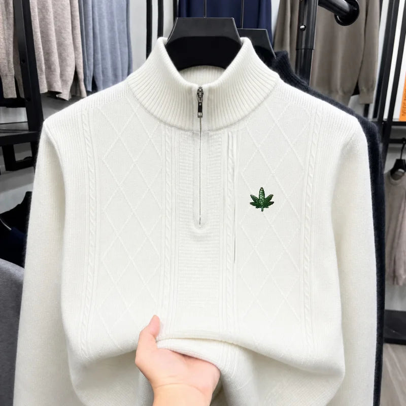 High-End Man Long-Sleeved Knitwear Mock Neck Zipper Leaf Embroidery Diamond Pattern Autumn Winter New Leisure Versatile Sweater