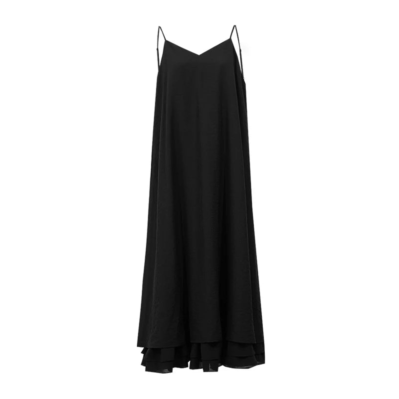 Amii Slip Women's Dress 2026 Summer New V Neck Straight Casual Color Block Chiffon Spaghetti Strap Midi Dress For Women 12622101