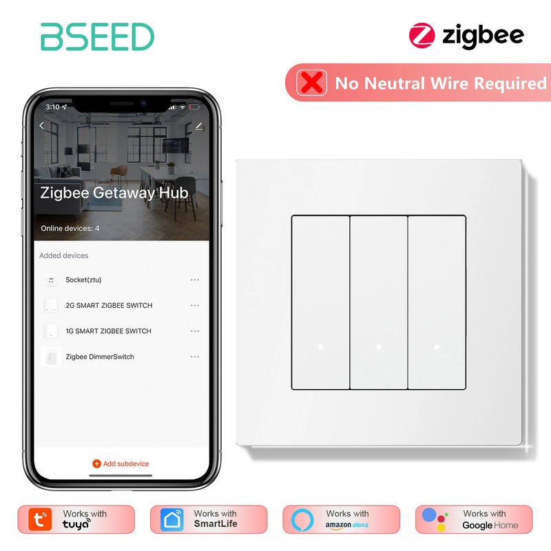 BSEED 1/2/3/4Gang Zigbee Light Switch Smart Click Button Switch Tuya Smart Life Alexa Control Plastic Frame Switch No Neutral