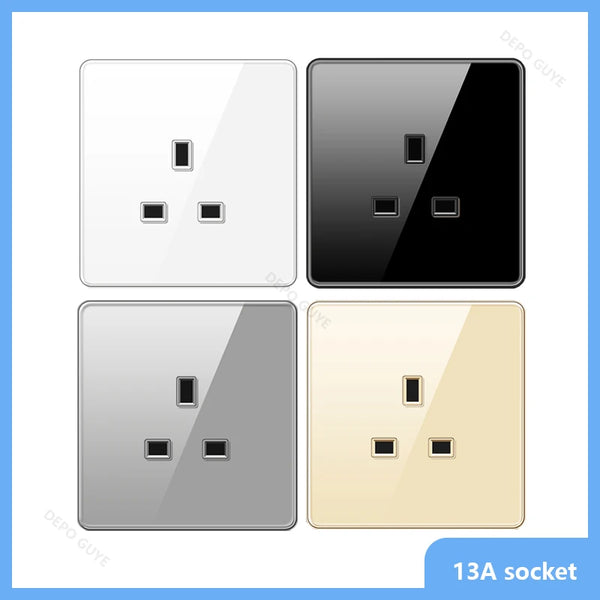 UK 13A Wall Tempered glass Socket Plug,British Standard Double 13A Wall Electrical Power Outlet Panel Black/White/Gray/Glod