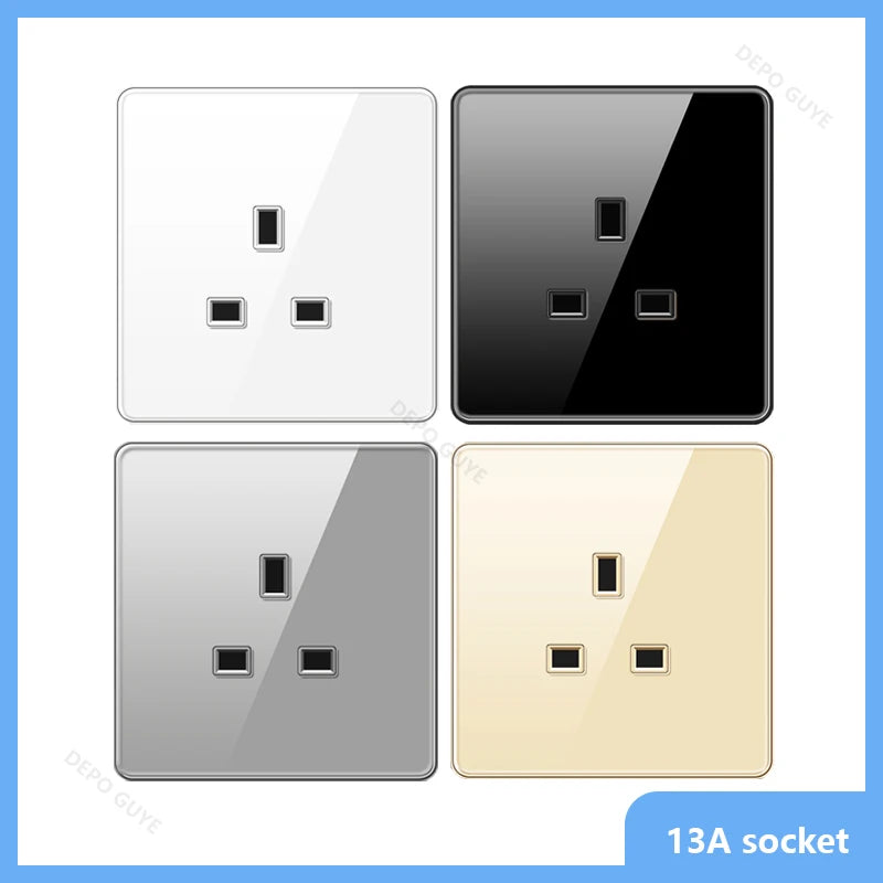 UK 13A Wall Tempered glass Socket Plug,British Standard Double 13A Wall Electrical Power Outlet Panel Black/White/Gray/Glod