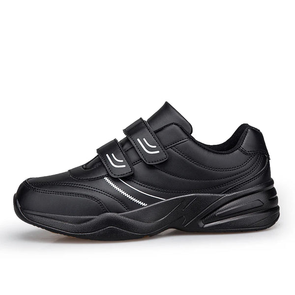 Men's Adjustable Hook And Loop Leather Sneakers Pure Black Casual Sports Shoes Big Size 47 48 Elderly Walking Shoes
