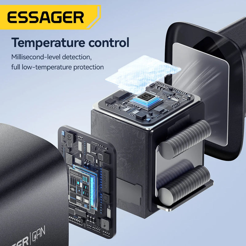ឆ្នាំងសាក Essager 65W GaN ឆ្នាំងសាក Quick Charge 4.0 USB C សម្រាប់ iPhone 17 16 15 Pro Max កុំព្យូទ័រយួរដៃ Macbook Air ថេប្លេត PD ឆ្នាំងសាកលឿន