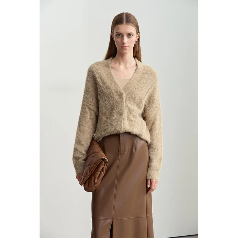 Amii Minimalist V-Neck Solid Button Wool Cardigan Long Sleeve 2026 Winter New Women's Imitation Mink Loose Casual Top 12424116