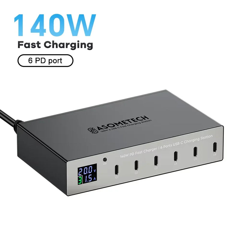 ស្ថានីយសាកថ្មលឿន 140W 6 រន្ធ PD ស្ថានីយសាកថ្មលឿន 30W Multi USB-C ជាមួយអេក្រង់ LED សម្រាប់ iPhone 14 13 Pro Max Samsung Xiaomi iPad