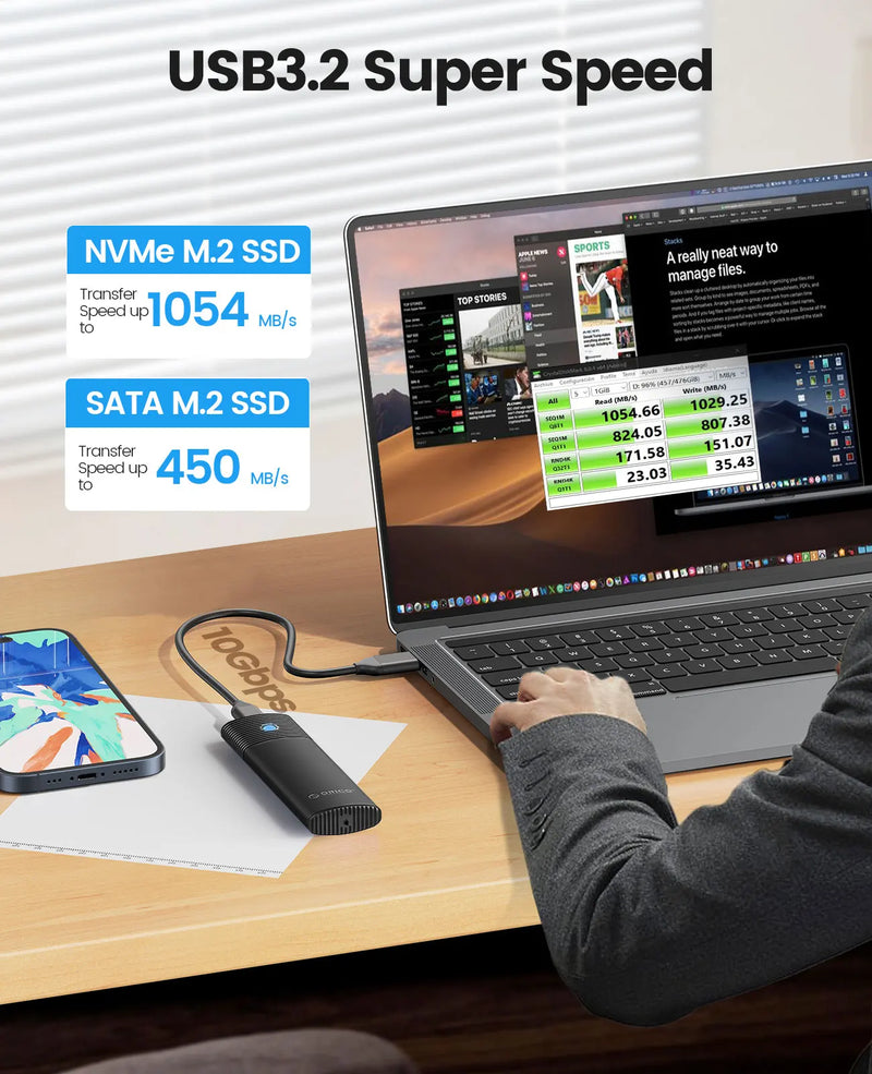 ORICO M2 NVMe SSD Enclosure 10Gbps PCIe M.2 NVMe SATA SSD Case Portable USB C 3.2Gen2 Tool Free External Adapter with Metal Heat