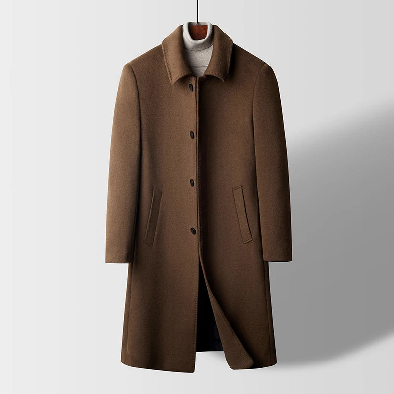 Men's Long Wool Overcoat, 52.3% Wool Light Luxury, Slim Fit, Coffee Brown Gray Black Business Fashion