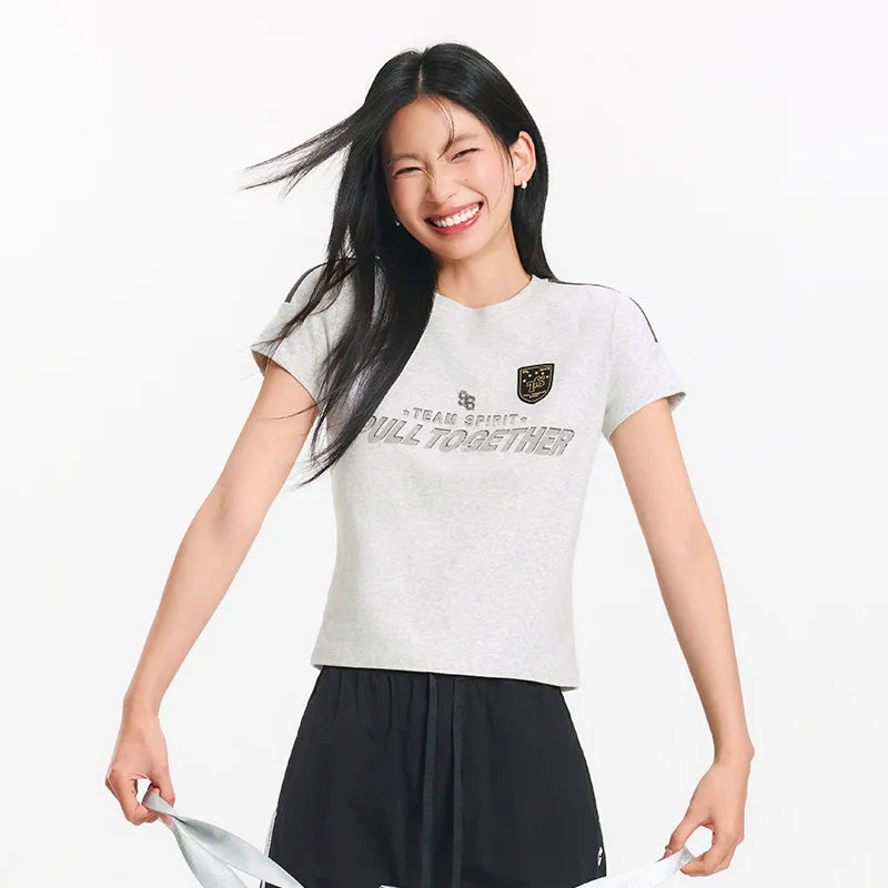 Semir Womens Tshirt 2026 Short Style Slim Printed Regular Shoulder Retro American Sports Style Casual