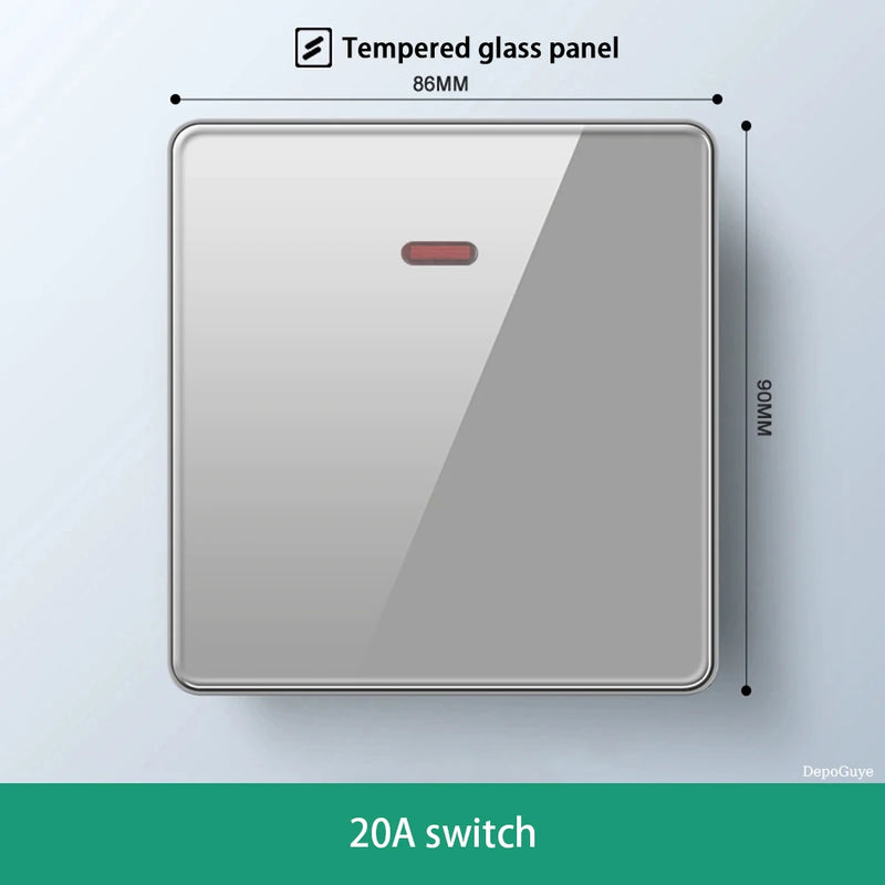 Deluxe Grey Tempered Glass Panel UK 13A Plug Electrical Socket, Double 5 Pin Socket and Switch, EU Universal USB C Wall Socket