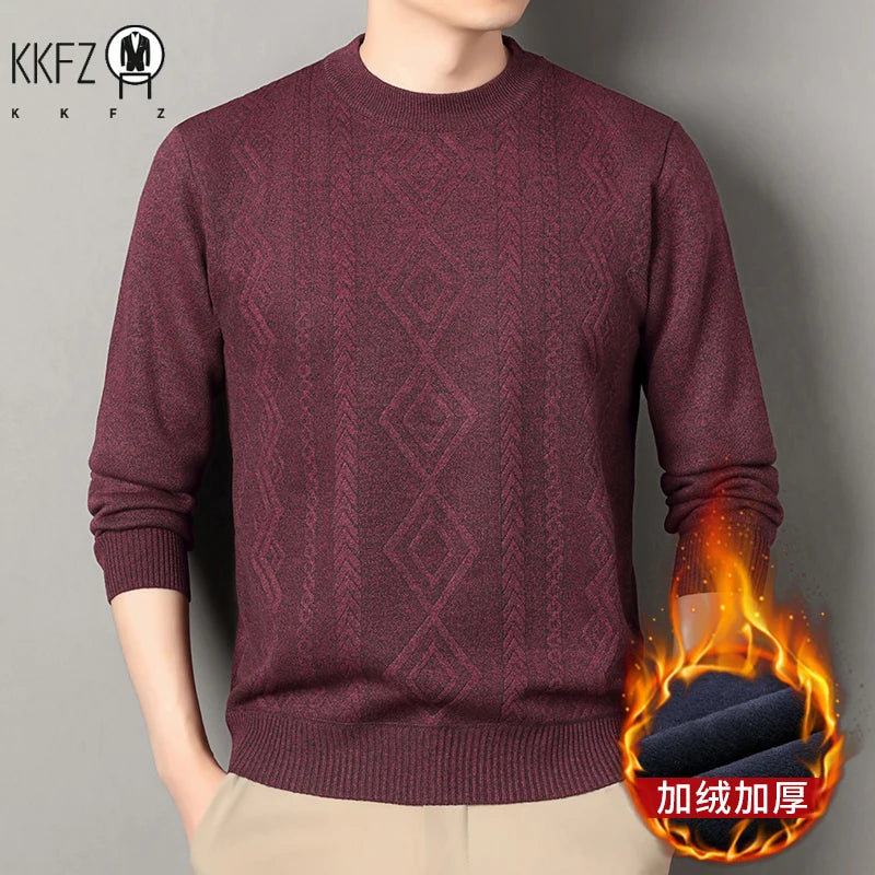 Jacquard Pattern Male Warm Sweater Full Fleece Lining Elastic Hem Crew Neck Office Semi Formal Long Sleeve Pullover