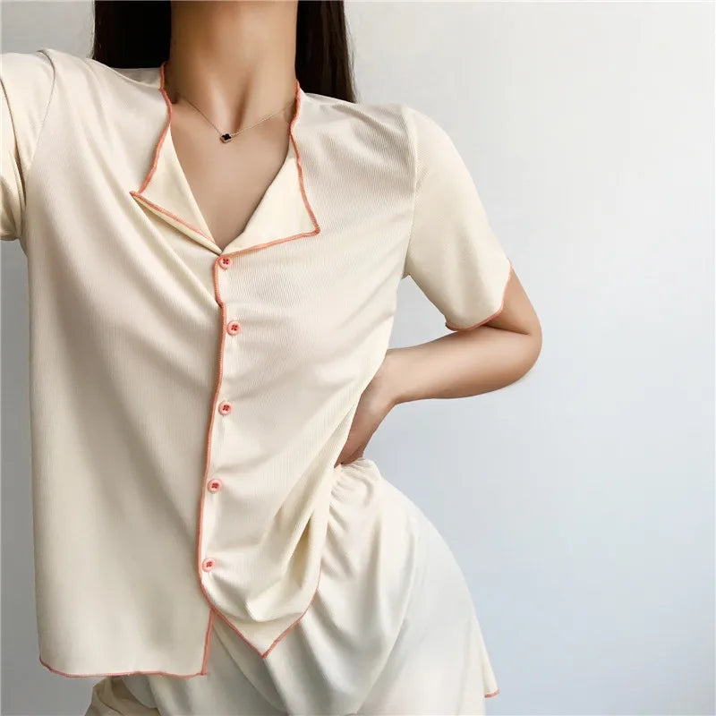 Fdfklak New Short Sleeve Pajamas Women V Neck Ice Silk Thin Korean Sleepwear Set Lounge Wear Shorts Suit Pijama Feminino
