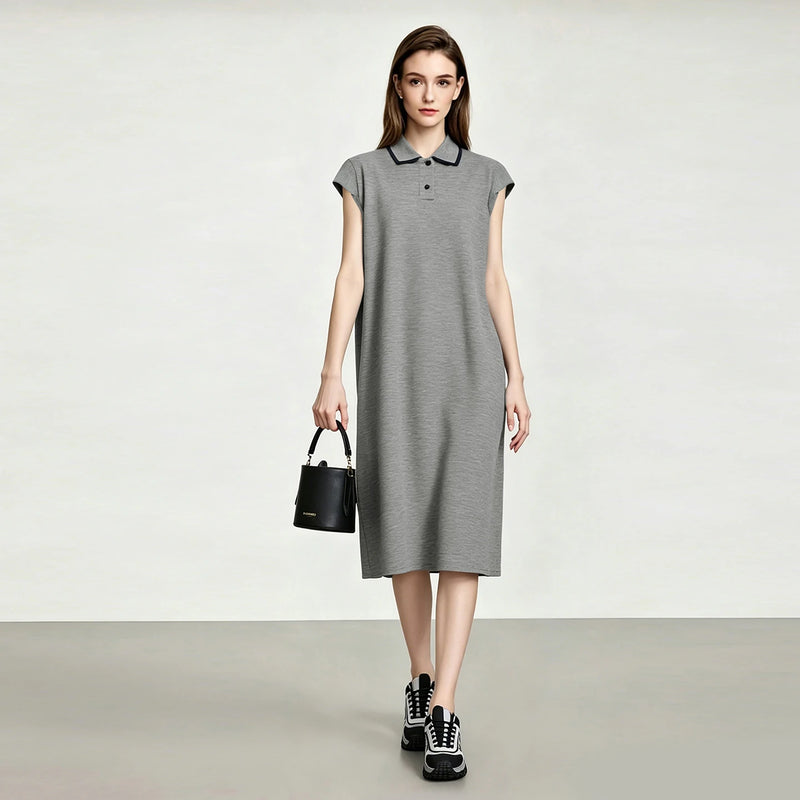 Amii Womens Dresses 2026 Summer New Color Block Contrast Lapel Air Layer Knitted Casual Loose Fit Midi Women's Dress 12622166