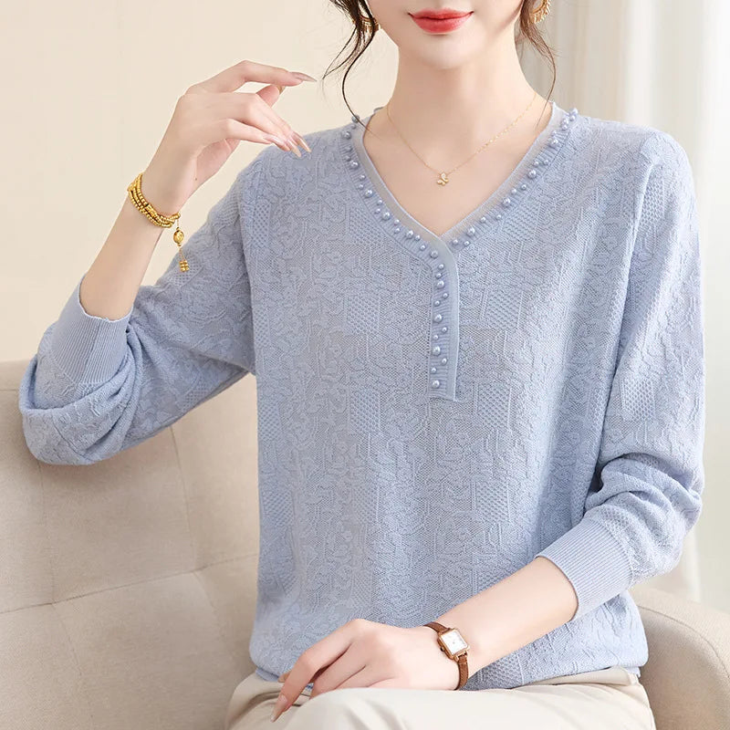 Sweater For Woman V Neck Long Sleeve Tops Spring Autumn Women's Clothing Beading Pullover Blouse Hot Sweaters Female Jumper