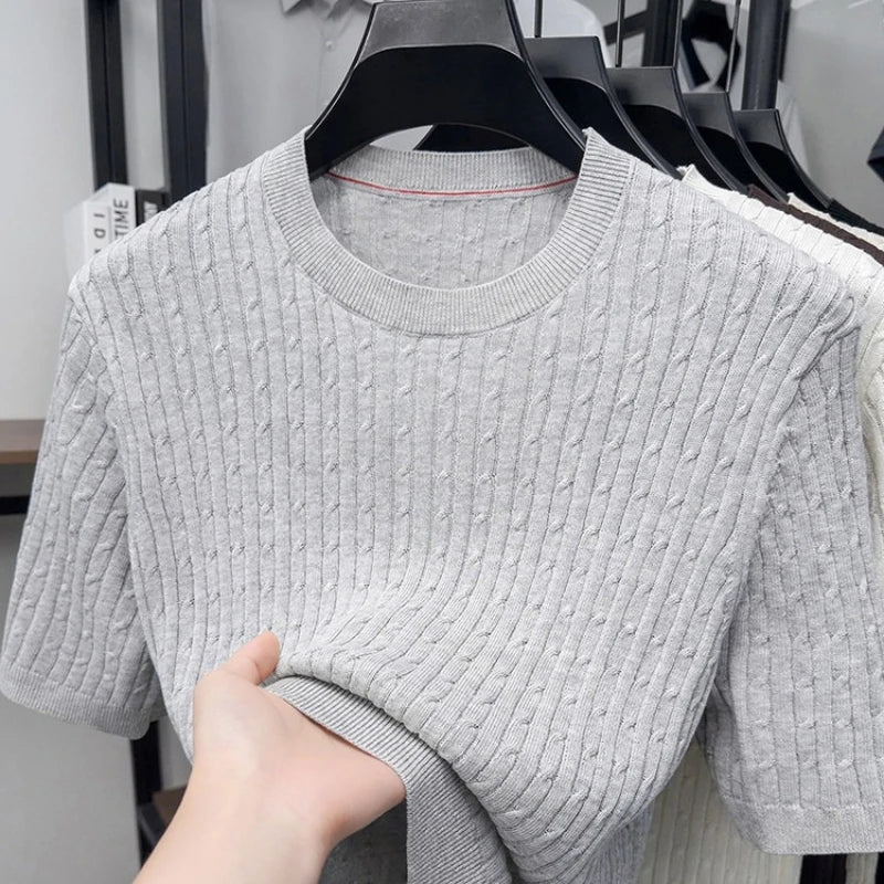 Men's Summer Short Sleeve Knitted Sweater | Linen Blend Crew Neck | Lightweight Breathable Jacquard T-shirt