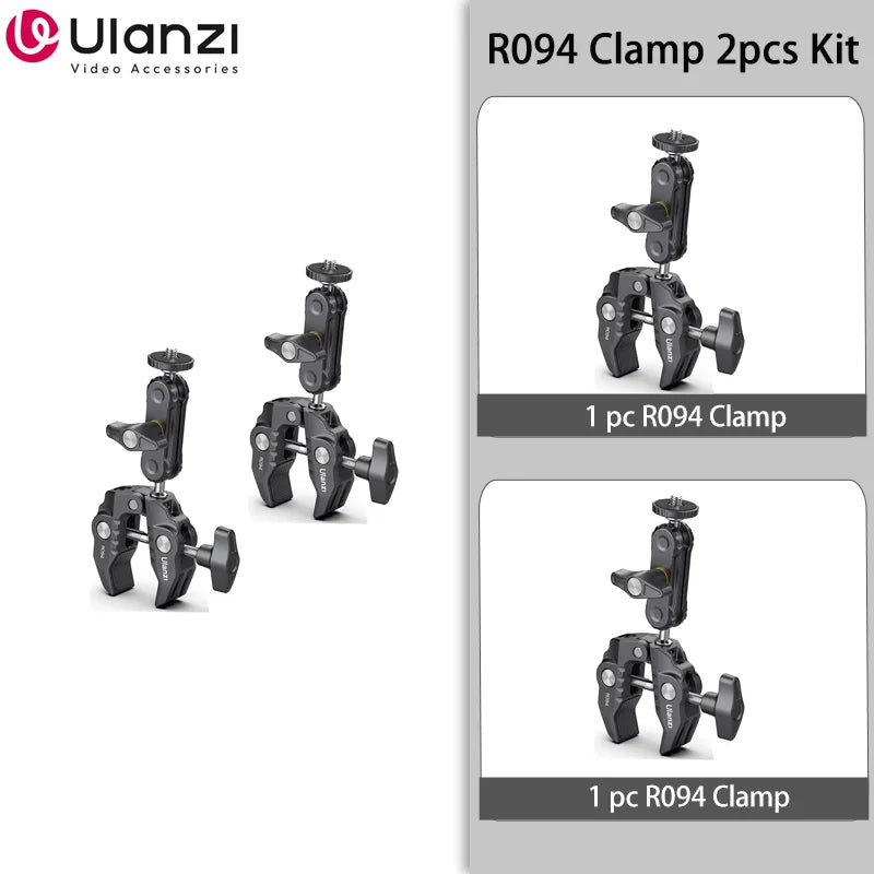 Ulanzi R094 ក្ដាប់ដែកខ្លាំងជាមួយក្បាលបាល់ពីរ ក្ដាប់ដៃវេទមន្ត ជាមួយរន្ធ 1/4" 3/8" សម្រាប់កាមេរ៉ា DSLR ម៉ូនីទ័រ ភ្លើង ម៉ោនមីក្រូហ្វូន