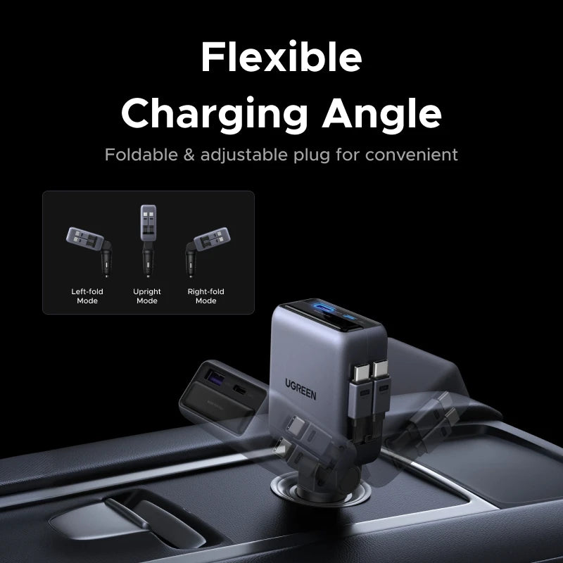 UGREEN 150W Car Charger Built in Dual Retractable Cable  4 Ports Fast Charging  for iPhone 18 17 Samsung Mobile Phone Charger