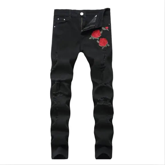 Men's Red Rose Embroidered Jeans, Black Blue Stretch Pants for Men White Fashion Pantalon Hole Decoration Male Slacks 28-42