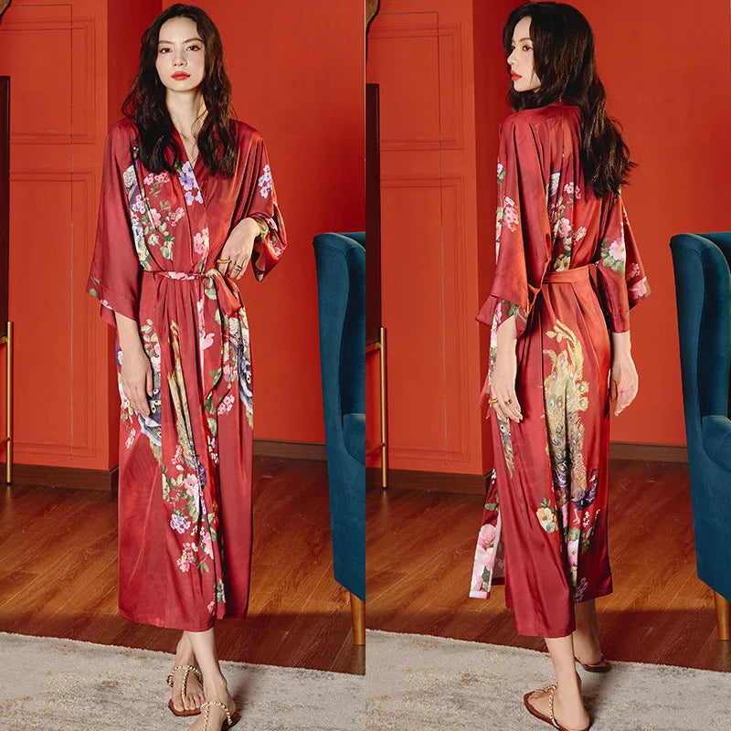 Women Ice Silk Rayon Home Dress Black Print Flower Long Robe Nightgown Spring Summer Half Sleeve Kimono Bathrobe Gown
