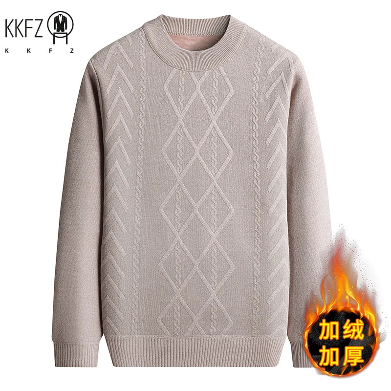 Thick Fleece Men Crew Neck Jumper Vintage Cable and Diamond Woven Texture Soft Knit Fabric Outdoor Daily Warm Top