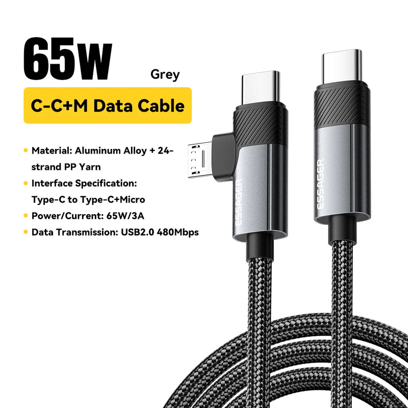 Essager 2 in 1 USB C Cable 65W PD Fast Charging Type C/USB A To Micro Cable For iPhone Samsung Xiaomi Huawei Redmi iPad Macbook