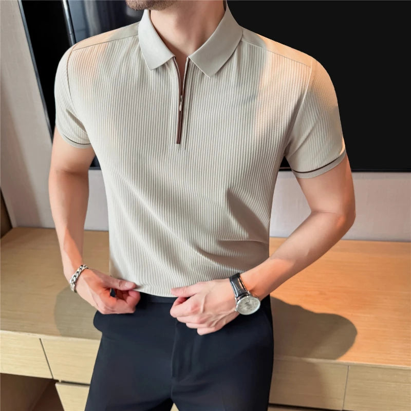 Men's Summer Polo Shirt - Striped, Zip Front, Cooling Fabric Breathable, Sweat-wicking, Casual Daily T-shirt
