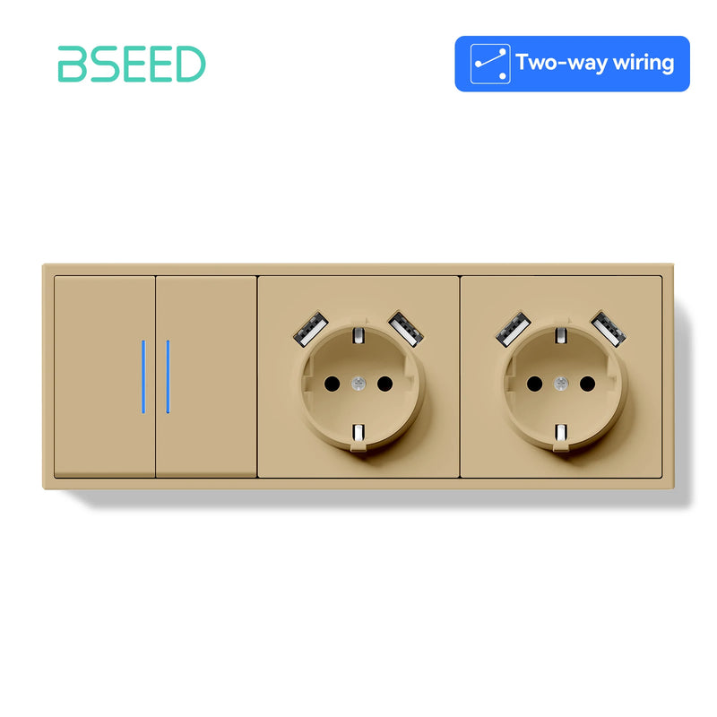 BSEED 1/2Gang 2Way Button Light Switch With EU Socket 20W AC Socket Plastic Frame Wall Switch On Off For Stairs LED Backlight