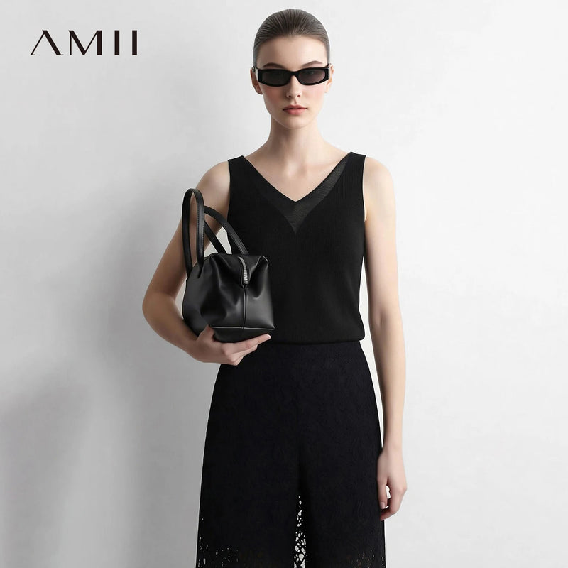 Amii Women's Sleeveless Top 2026 Autumn New Versatile V-neck Knitted Women's Tank Top Slim Solid Color Basic Camisole 12623114